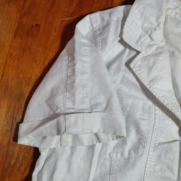 Chicos White Linen Cotton Blend Short Sleeve Button Up Shirt Size 1 Metallic - Picture 4 of 9